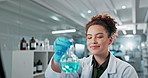Scientist, woman or chemistry with beaker in laboratory for healthcare experiment or medical research. Science analysis, expert or computer for chemical inspection, pharmaceutical study or virus cure