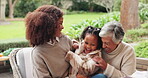 Generations, women and happy in garden for lunch on thanksgiving, social visit, bonding and fun. People, family and smile in patio outdoor for love, support and care  at home with laughing or playing