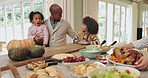 Big family, dinner and grandparents with kids wow and parents in home with thanksgiving and holiday food. Dining room, reunion and conversation with meal, dish and brunch with happy child at buffet