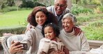 Family, happy and selfie in garden for love, good memories and support in relationship. Grandparents, mom and child in backyard with care, bonding and generations reunion with smile for photography