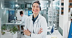 Science, woman and happy with arms crossed in laboratory for confidence with healthcare, laughing or biotech job. Scientist, professional or portrait smile for medical research or vaccine development