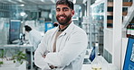 Science, man and smile with arms crossed in laboratory for confidence with healthcare, discovery and biotech job. Happy scientist, professional or portrait for medical research or vaccine development