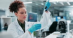 Test, woman and chemical engineer in laboratory as technician, student or scientist in medical research. Female person, pipette and sample with experiment in pathology, investigation and biochemistry