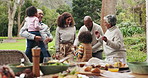 Generations, family and dancing in garden for lunch on thanksgiving with bonding, fun and happy. People, outdoor and home with smile for music with support, care and love with celebration or memories