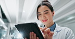 Asian woman, happy and tablet in laboratory for science, research and review or results. Future, internet and scientist with digital app for healthcare, development and reading or scroll for career