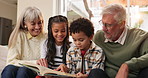 Grandparents, relax and reading book on sofa with kids for family bonding, engagement and storytelling for language development. Happy, children and together in home for literacy and cognitive growth