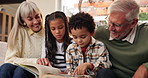 Grandparents, reading book and kids with education, learning and youth development in home with care. Adopted, children and bonding with knowledge, story and love in living room with generations