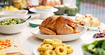 Food, dinner and brunch with chicken and table setting, celebration and holiday with Christmas or thanksgiving. Social event, gathering and party, turkey and lunch with gourmet meal, festive or feast