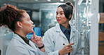 Team, scientist or notes on glass for research, science report or medical planning in lab. Woman speaker, brainstorming or group training in workplace for presentation in medicine development process