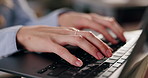 Hands, laptop and businesswoman typing for communication email with online finance client. Computer, contact and closeup of female financial consultant with report for equity investment analysis.