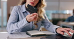 Business, woman and laptop with credit card in office for reading, bank information and online shopping on website. Female person, fintech pin and e commerce for payment service of financial budget