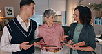 People, discussion and meeting with tablet in office for notes, planning schedule and project collaboration. Team, digital and communication for brainstorming advice, information and proposal ideas