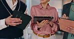 Hands, people and meeting with tablet in office for discussion, planning schedule or project collaboration. Team, digital and communication for brainstorming advice, information and business proposal