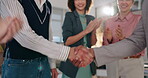 Happy business people, handshake and applause in partnership, meeting or b2b together at office. Group of employees shaking hands, clapping and celebration for hiring, deal or recruiting at workplace