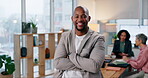 Creative business, office and businessman with smile at meeting or workshop for strategy, planning and performance report. Team leader, arms crossed and diversity, happy man at table in design agency