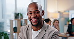 Creative business, office and businessman with face at meeting or workshop for strategy, planning and performance report. Team leader, smile and diversity, happy black man at table in design agency