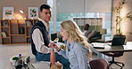 Break, friends and take away with business people in office together at night for deadline or planning. Chinese food, conversation or dinner with man and woman employee eating meal in workplace