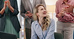 Business woman, winner and applause in promotion, meeting or b2b success together at office. Group of employees, clapping and celebration for happy partnership, deal or recruiting goal at workplace