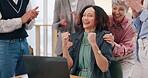 Excited business woman, winning and applause in promotion, meeting or b2b success together at office. Group of employees, clapping or celebration for partnership, deal or recruiting goal at workplace