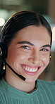 Call center, woman and consultant in office at night for insurance policy with quality assurance. Smile, portrait and female customer care agent with international inbound performance metrics for crm