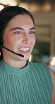 Customer service, woman and consultant in office at night for insurance policy with quality assurance. Smile, contact and call center agent with international inbound performance metrics for crm.