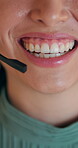 Woman, mouth and consultant with mic at call center for telemarketing, customer service or online advice at office. Closeup of female person, agent or lips with smile for call, support or help desk