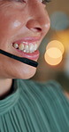 Happy woman, mouth and consultant with mic at call center for telemarketing, customer service or online advice at night in office. Closeup of female person or agent working late with smile for help