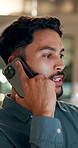 Businessman, night and talking with phone call for discussion, online advice or consulting at office. Young man, consultant or employee speaking on mobile smartphone for business conversation or sale