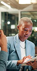 Businesswoman, team or pointing with tablet at night for stock market trends, trading information or broker research. Professional, mentor or trader with learning about financial investment or crypto