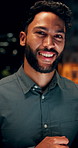 Smile, night and face of businessman in city with confidence for career growth in public relations. Happy, rooftop and portrait of male media coordinator from Canada with pride for job in town.