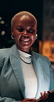Night, business and black woman with tablet, face and smile for email notification, texting and message. African person, evening and employee with tech, portrait and approval for funding with app