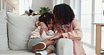 Mother, daughter and kiss or hug in home, love and affection for support in bonding. Mom, girl and talking for connection in embrace or smile, trust and kid for security in relationship or happiness