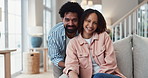 Face, smile and couple in lounge with love for bonding, healthy relationship and care in home. Happy portrait, man and woman on sofa with laugh together for marriage commitment, support and trust