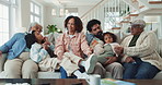 Family, talking and grandparents in home to relax, bonding and generations for conversation on sofa. Parents, children and speaking in lounge to granny or grandpa, care and support in relationship