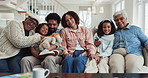Family, face and grandparents in home hug, bonding and generations for security on couch. Parents, children and embrace in lounge and granny or grandpa, portrait and support in relationship love