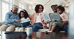 Children, woman and grandparents with book in home for storytelling, bonding and language development on sofa. Happy family, people and girl kids with reading on couch for study support and learning