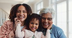 Face of grandmother, mom and child on sofa happy for bonding, loving relationship and relax together. Family, generation and grandma, mother and girl with smile for love, embrace and laugh in home