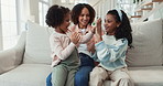 Relax, mother and kids with hand game for fun, connection and bonding together at home. Happy, love and girl children playing and resting with mom in living room for family time on sofa in house.