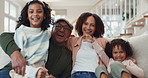 Relax, face and children with mother and grandfather on sofa in living room for bonding together. Happy, love and portrait of kids hugging and resting with mom and senior man for family time at house