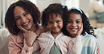 Mother, children and face for happiness in home, love and funny joke or comedy for bonding. Mom, daughter and girl for connection in portrait, laugh and kids for security in relationship or trust