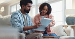 Documents, conversation and couple in home planning budget for investment, payments or savings. Discussion, paperwork and young man and woman with communication for mortgage, debt or bills at house.