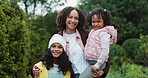 Smile, nature and face of children with mother in national park for winter holiday, getaway or adventure. Happy, love and portrait of kids with mom in outdoor field for weekend trip in Colombia.