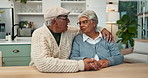 Sad senior couple, talking and support for problem with solidarity, retirement mistake and hug. Elderly man, old woman and stress with discussion in home for wrong decision, comfort and love embrace