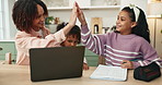 Mom, girl and high five with laptop, home or goal with celebration for teaching, support and love. Computer, mother and daughter children with cheers, education and progress at family house in Brazil