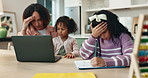 Mom, children and headache with laptop, homework and stress for problem solving with writing in notebook. Sisters, mother and daughter with brain fog, education and tired at family house in Brazil