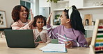 Mom, children and high five with laptop, homework and care for celebration for goal, writing and love. Sisters, mother and daughter kids with cheers, education and progress at family house in Brazil