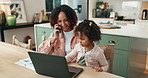 Mom, phone call and child with laptop for remote work from home with smile, contact and negotiation. Woman, mother and daughter with computer, smartphone and multitasking at family house in Colombia