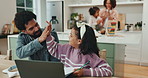 Father, girl and laptop with high five for learning, homework and motivation for progress in kitchen. Dad, child and computer with studying, scholarship and development with education in family house