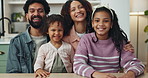 Parents, children and face smile in family home for love relationship, bonding and relax together in house. Happy portrait, mother and father with kids for support, security and connection for trust