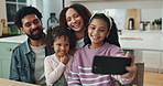 Family, children and selfie smile in home for bonding together, love relationship and social media. Parents, happy kids and photography for picture memory with support, online blog update and trust